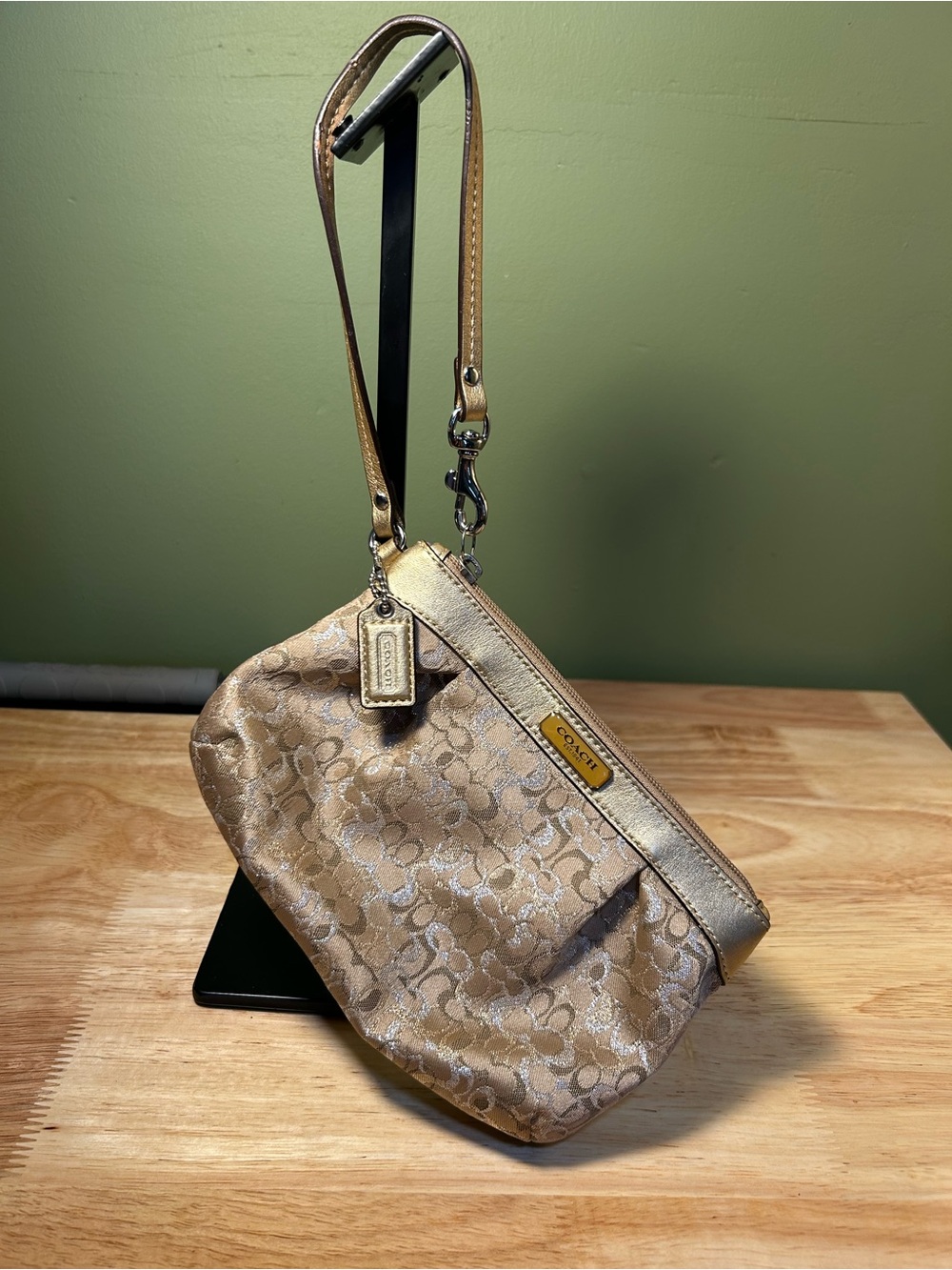 Gold Jacquard Coach Logo Wristlet